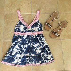 HOLLISTER | Pink Strapped Blue Floral Ruffle Top